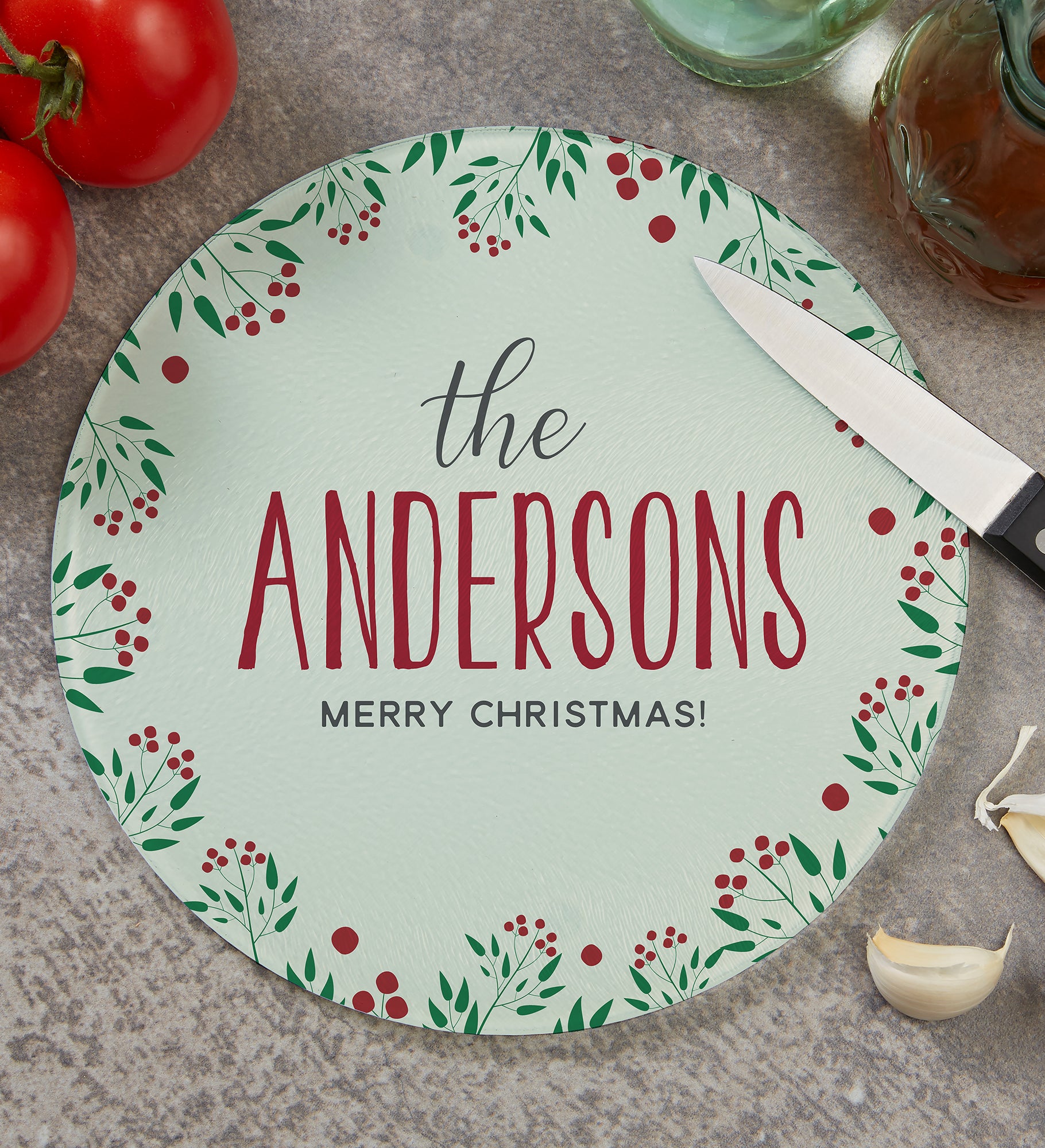 Christmas Wreath Personalized Round Glass Cutting Boards